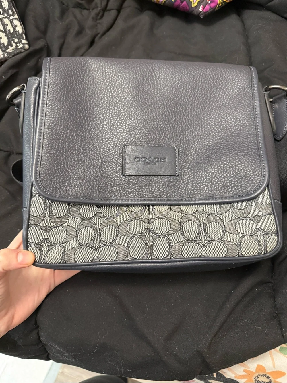 Coach Navy Pebbled Leather & Signature Canvas Messenger Bag